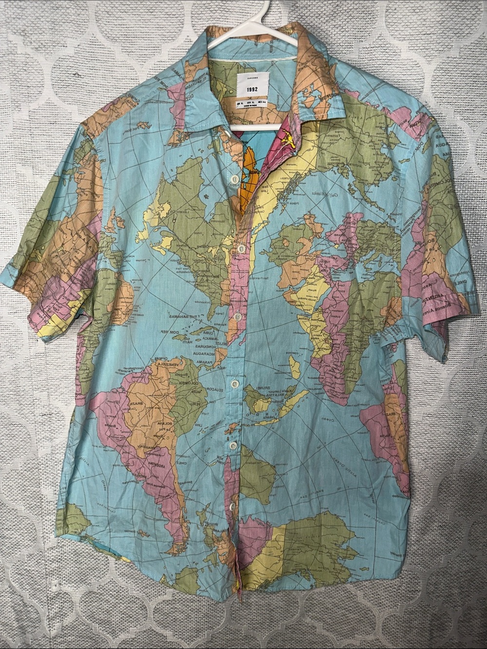 Zipcode 1992 Vintage World Map Button Down Shirt Pastel Atlas Print Men's XL